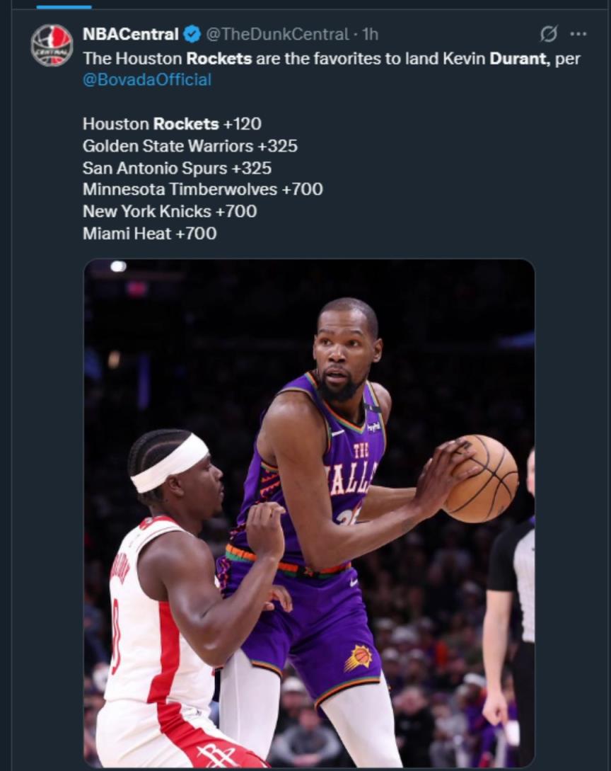 難道說(shuō)？美媒曬杜蘭特下家賠率，火箭大幅度領(lǐng)跑！